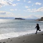 鎌倉の海岸、江ノ島が見える